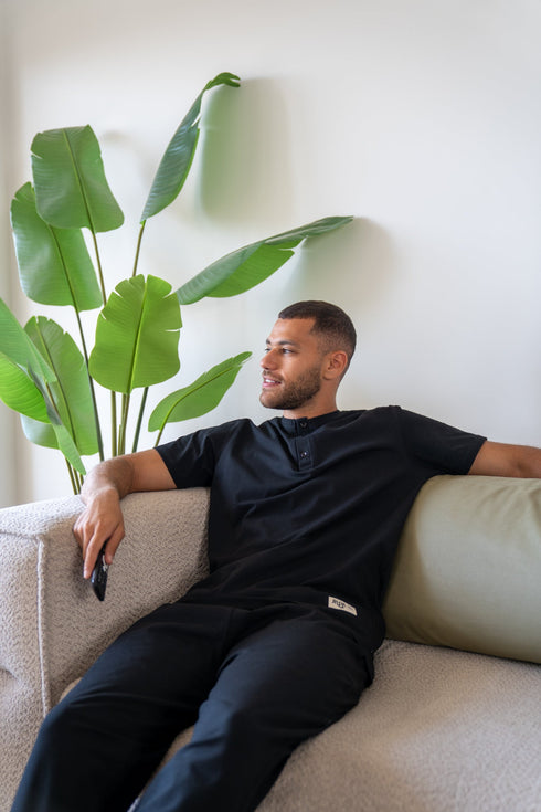 Men Summer Pajama Set Black Buttoned Tee + Pants